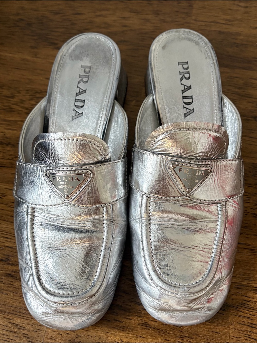 PRADA Silver Metallic Leather Mules Loafer Slides size 7 37.5 - Picture 5 of 12